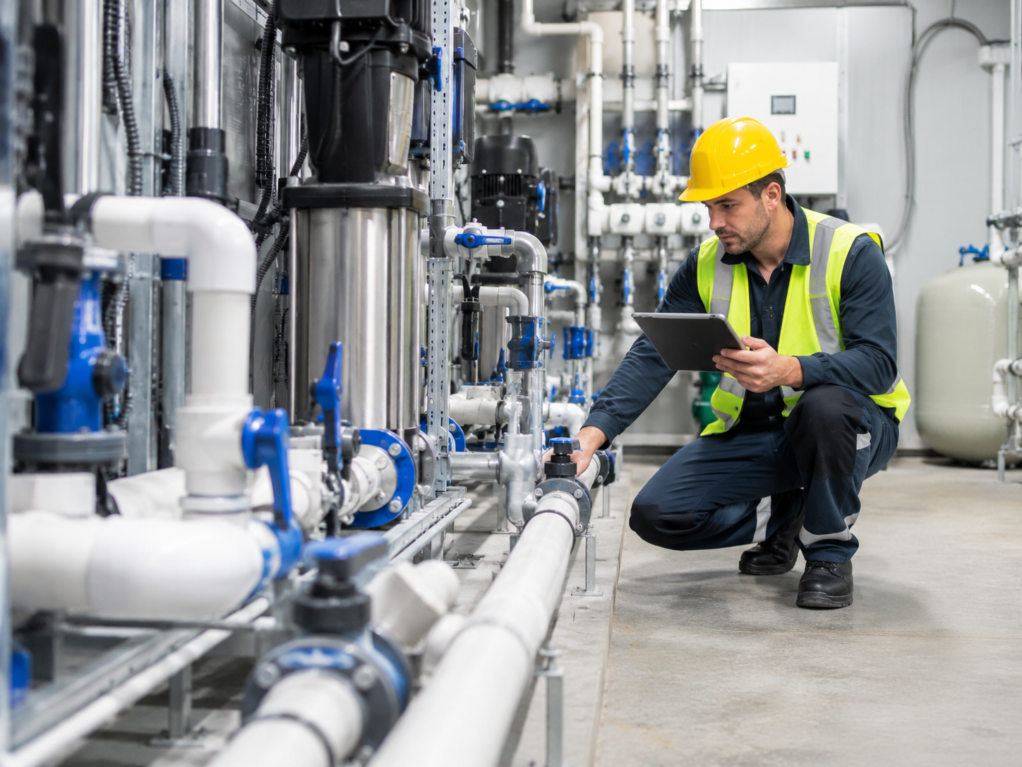 Technician inspecting equipment in a clean industrial services facility